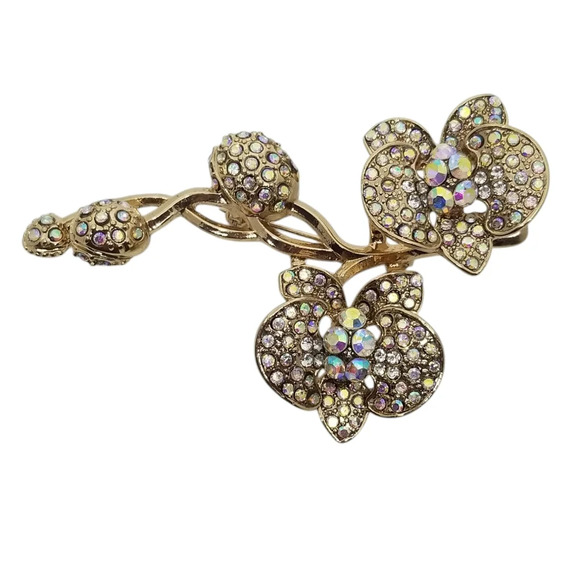 VINTAGE GOLDTONE & AURORA BOREALIS RHINESTONE FLOWERS ON STEM BROOCH - Picture 2 of 7